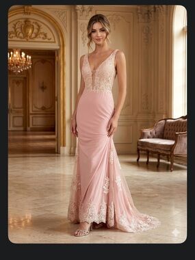 Blush Pink Lace-Trim Maxi Evening Dress